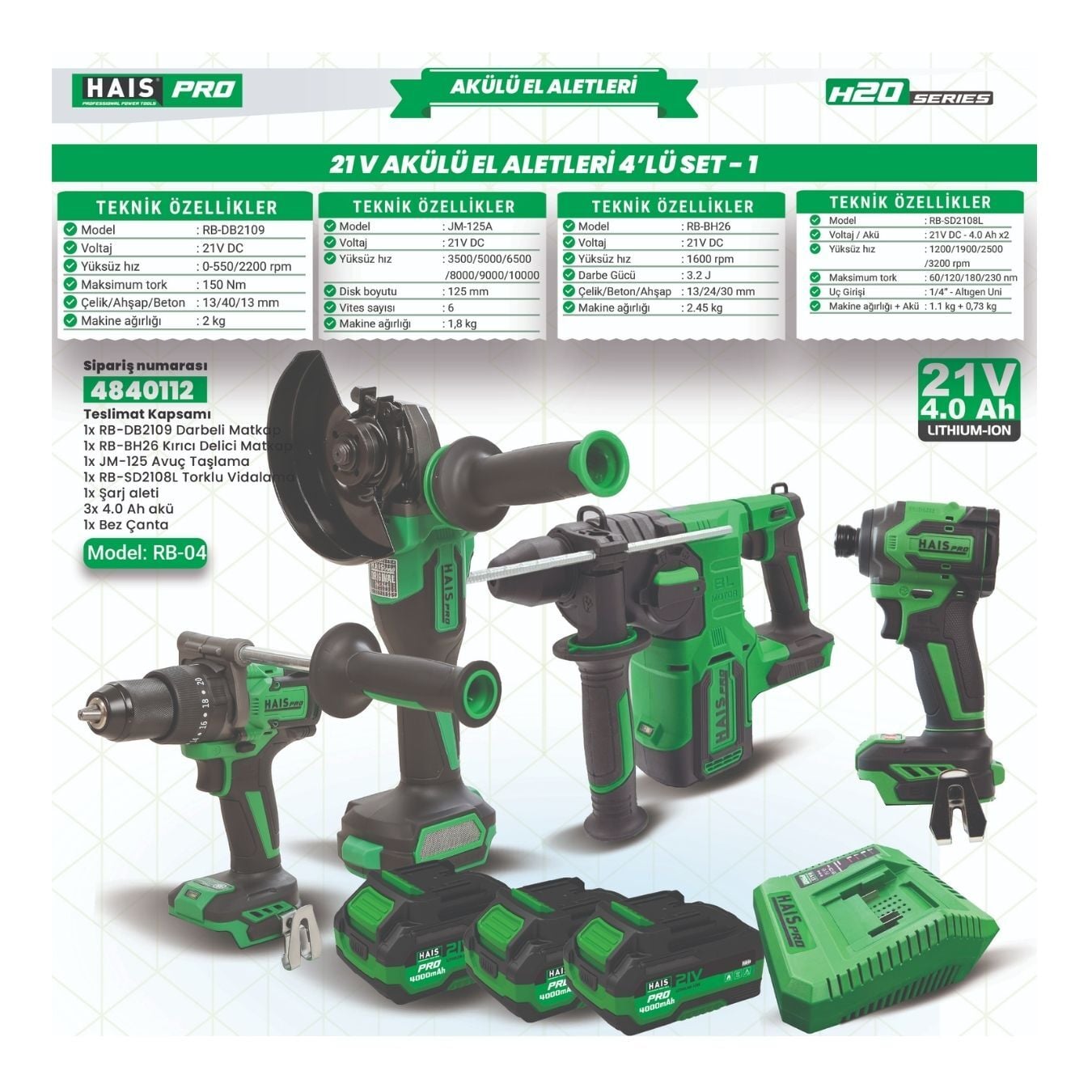 HaisPro 21V RB-04 4 Lü Akülü Set