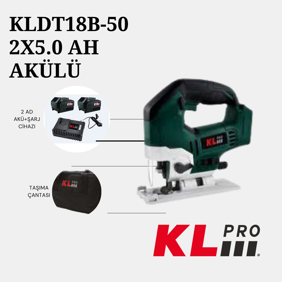 KLPRO KLDT18B 18V Akülü Kömürsüz Dekupaj Testere 5.0 Ah (2 x KLA1850 Batarya ve 1 x 4.5 A Şarj Cihazı)
