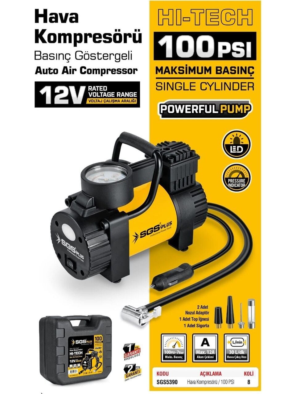 SGS Araç Hava Kompresörü 12V 100PSİ (Basınç Göstergeli)