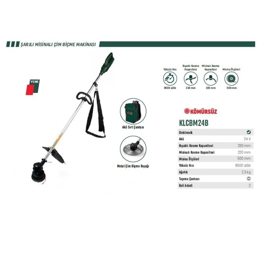 KLPRO KLCBM24B Şarjlı 24V-10 AH Misinalı ve Bıçaklı Çim Biçme Makinası